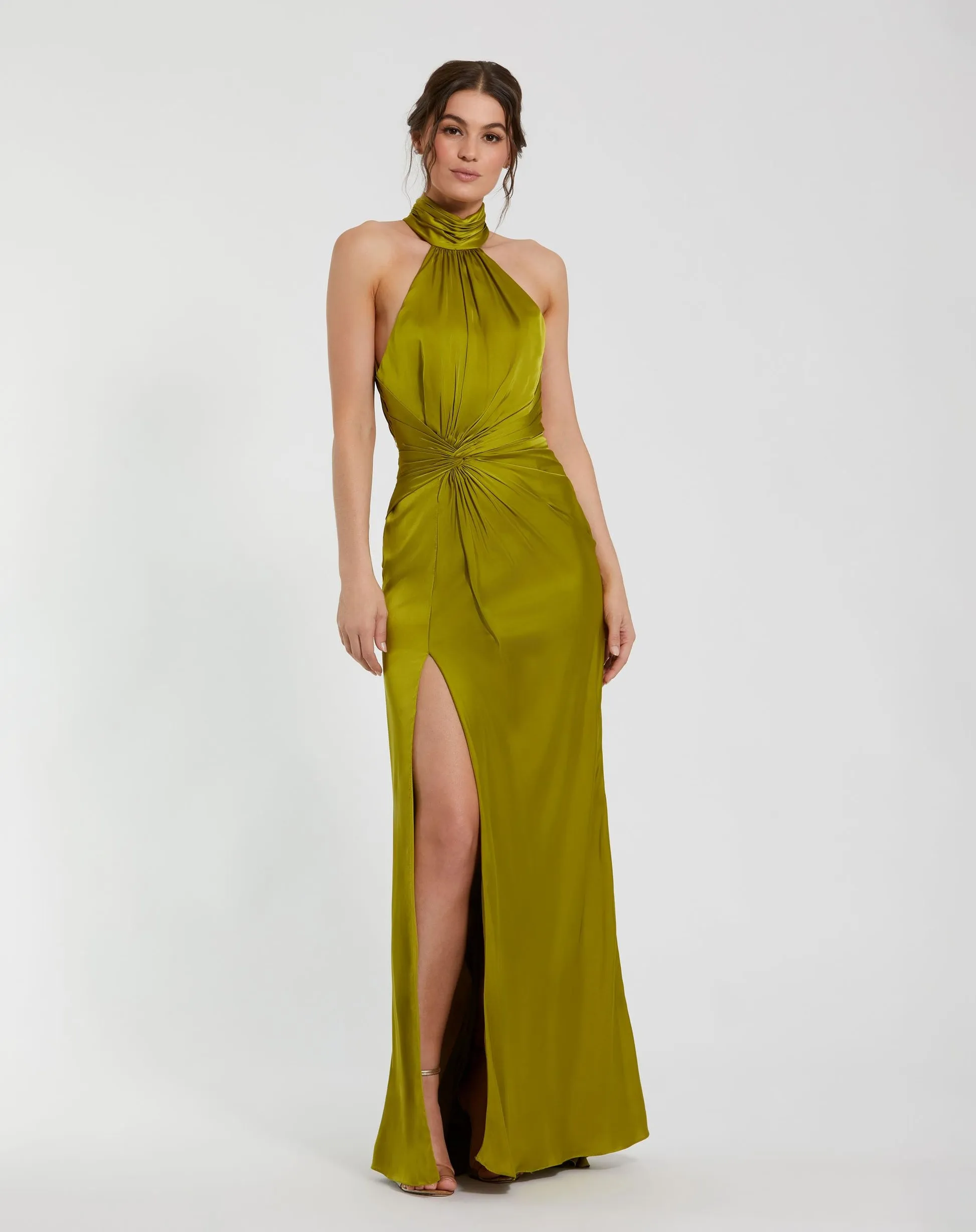 Open back high neck ruched gown - Sage