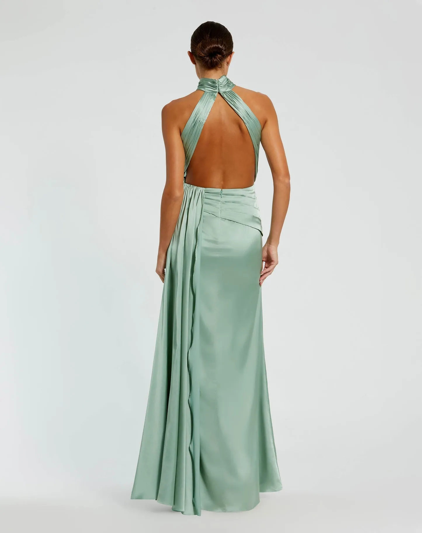 Open back high neck ruched gown - Sage