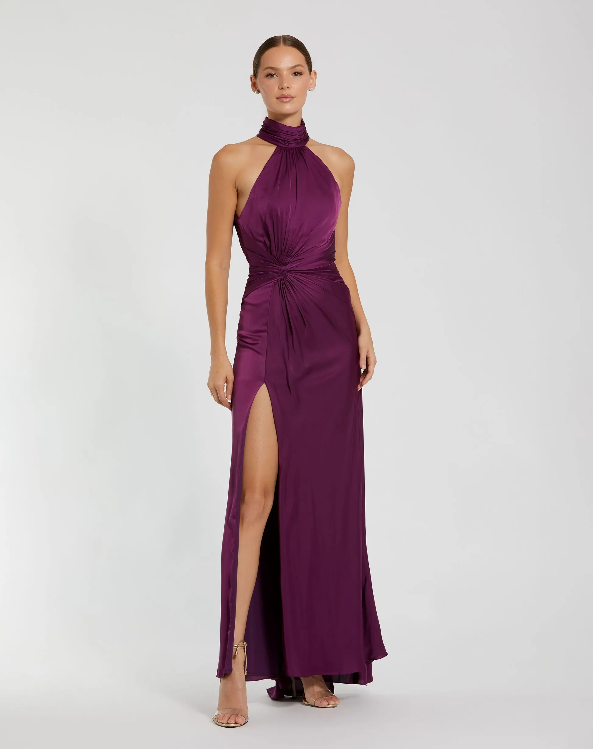 Open back high neck ruched gown - Sage