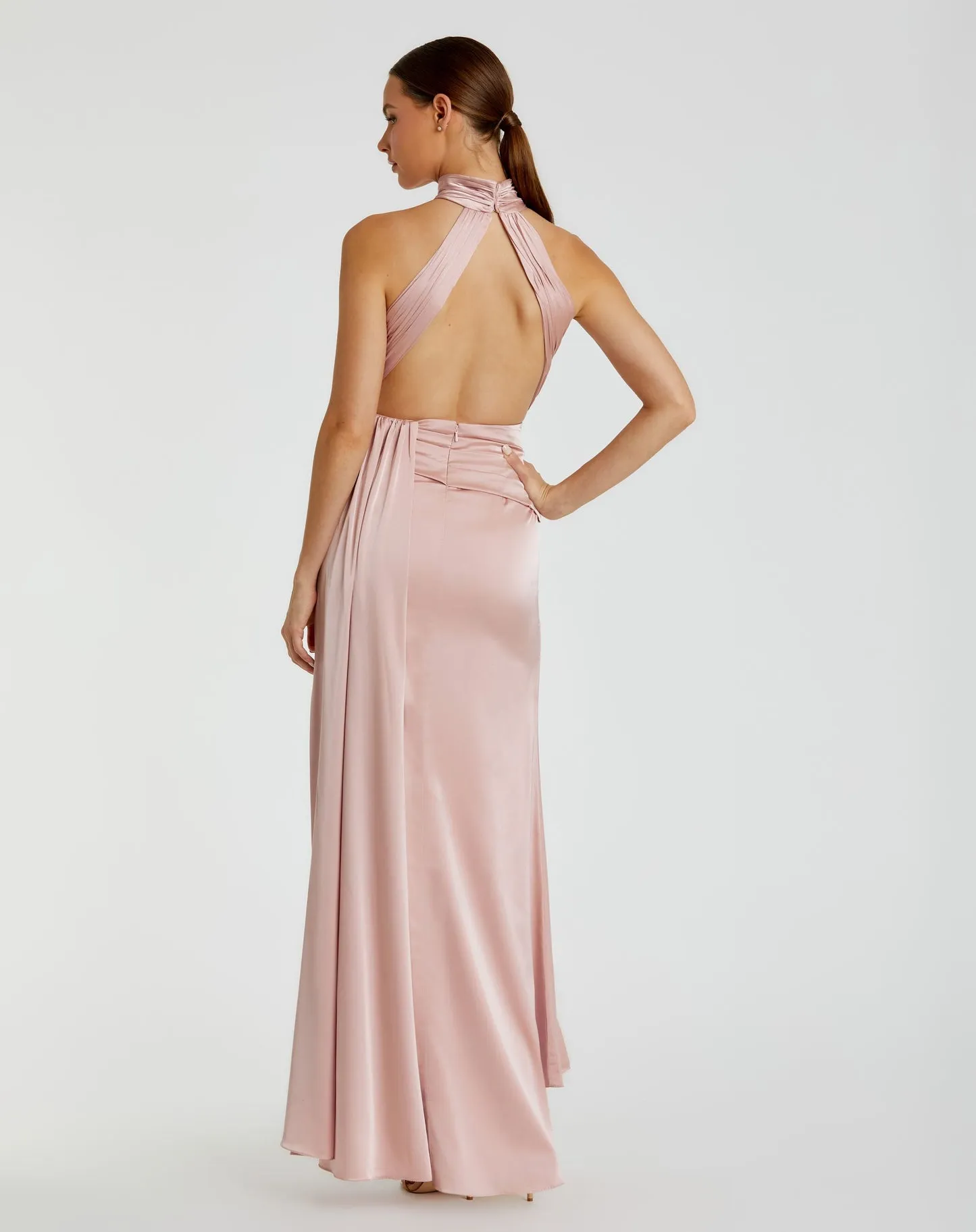 Open back high neck ruched gown - Sage