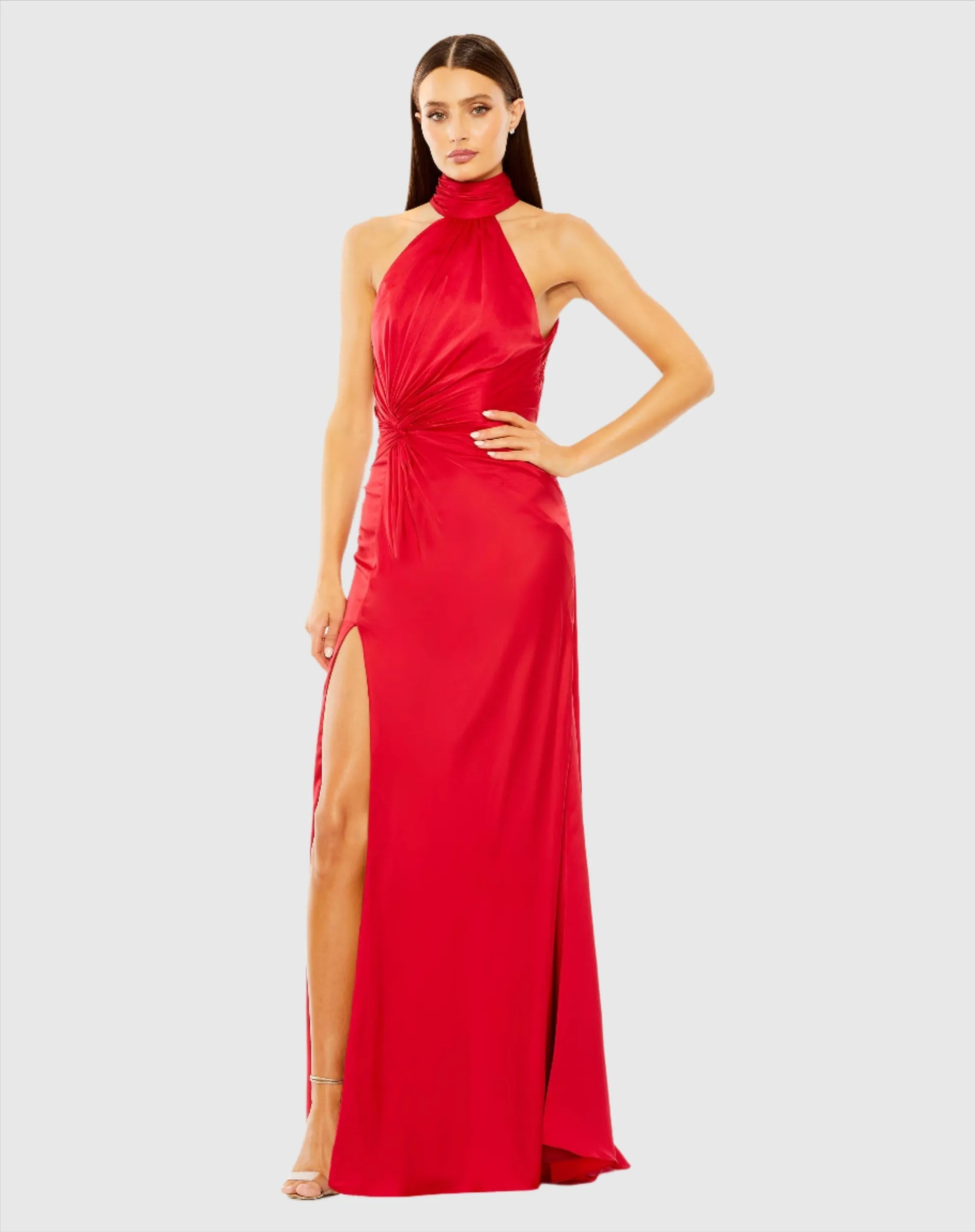 Open back high neck ruched gown - Sage