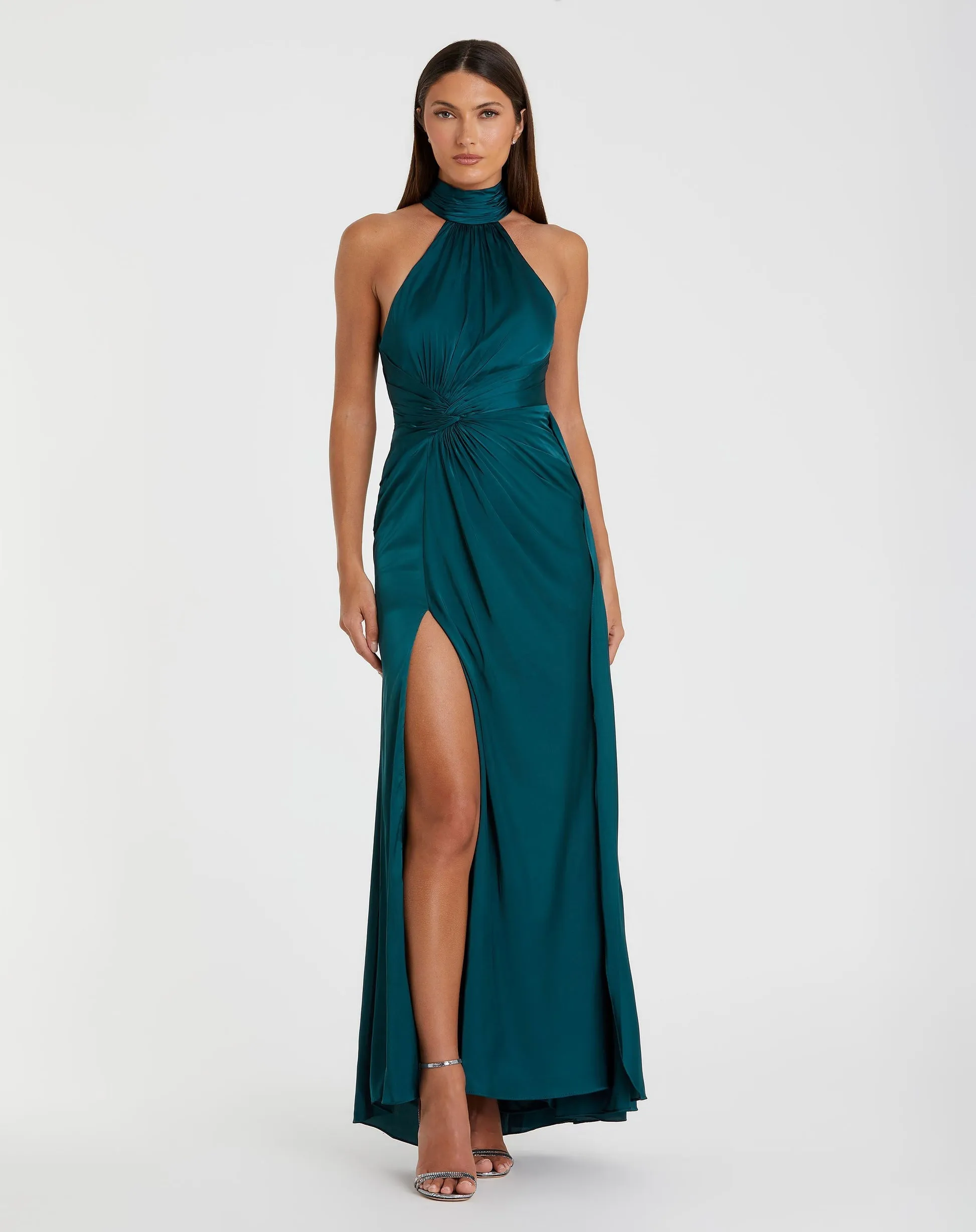 Open back high neck ruched gown - Sage
