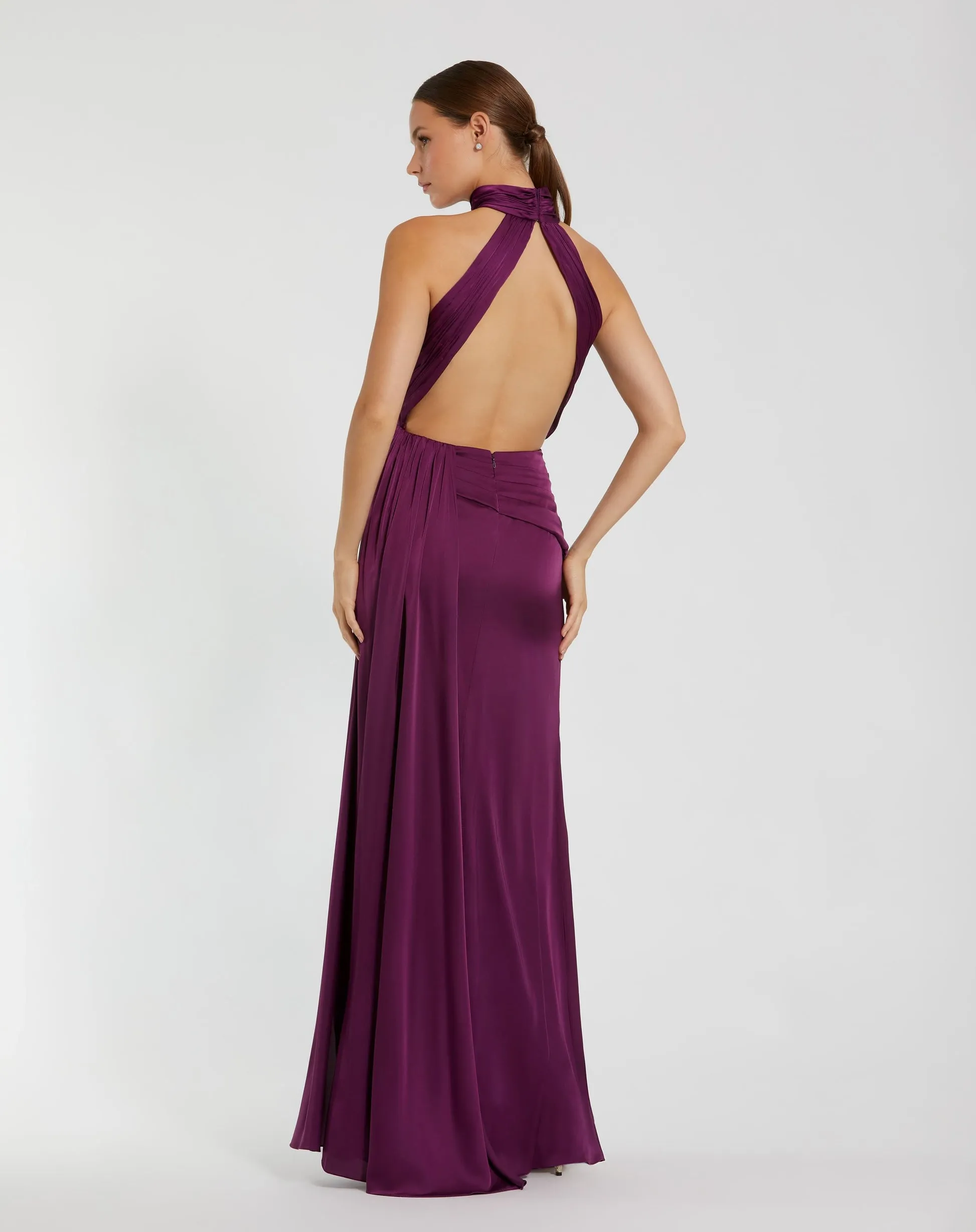 Open back high neck ruched gown - Sage