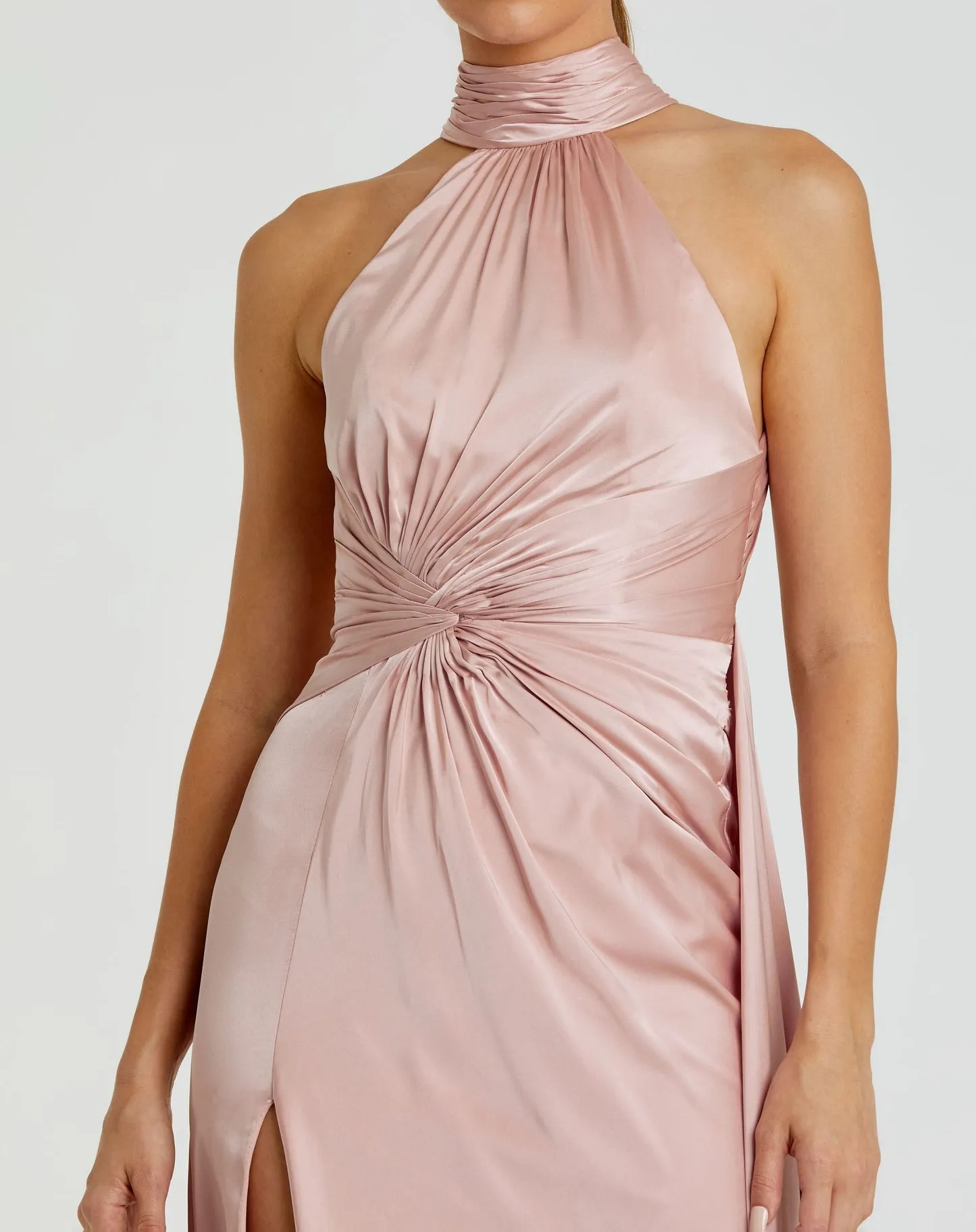 Open back high neck ruched gown - Sage