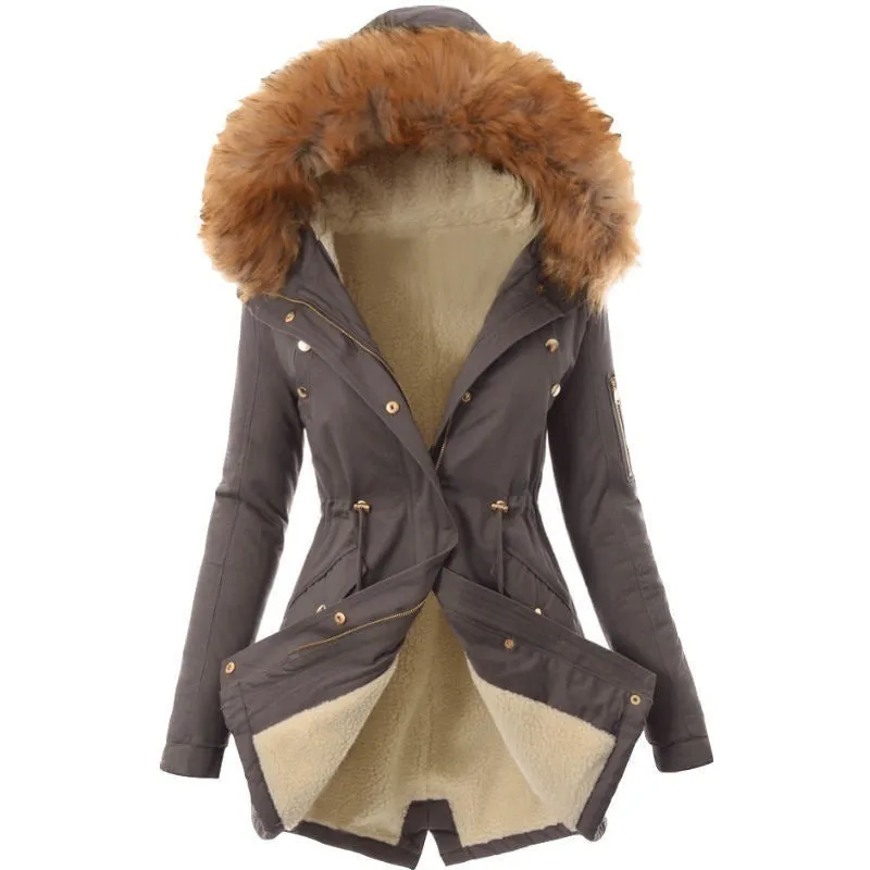 Pure Color Hooded Slim Warm Zipper Jacket Women Padded Coat