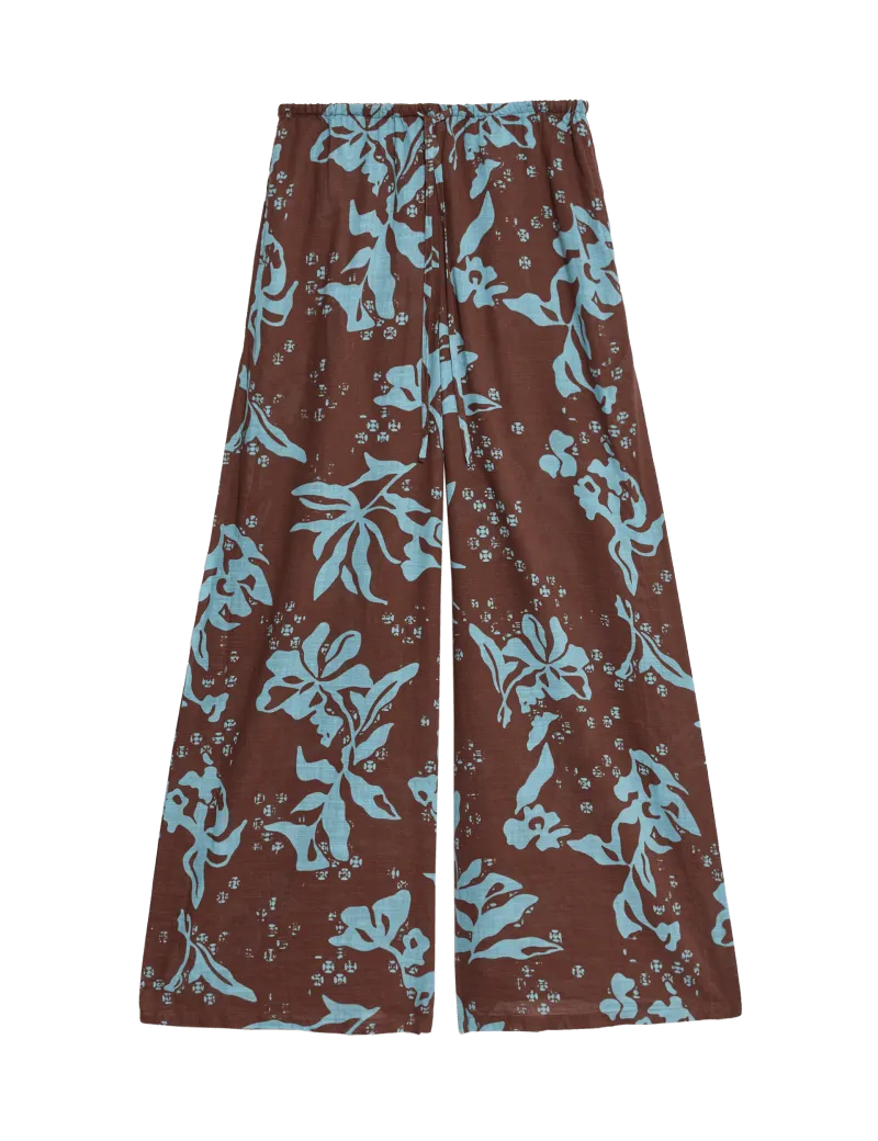 Pure Cotton Floral Elasticated Waist Wide Leg Trousers
