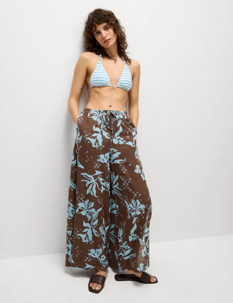Pure Cotton Floral Elasticated Waist Wide Leg Trousers