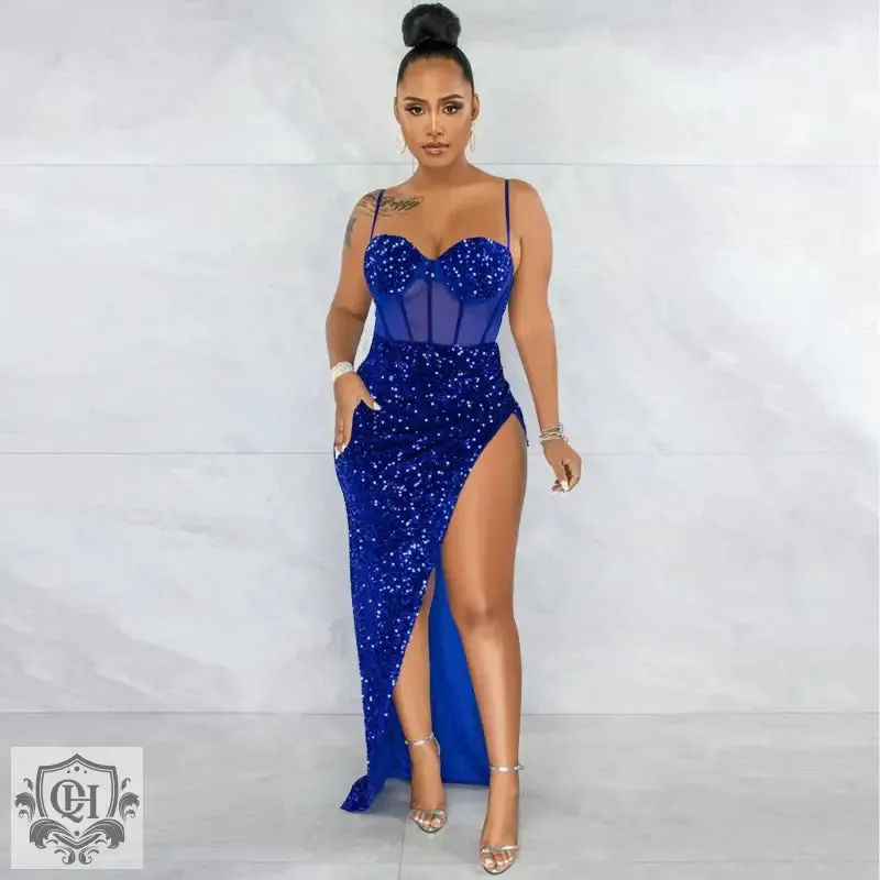 Sequin Mesh Irregular Asymmetric Slit Dress