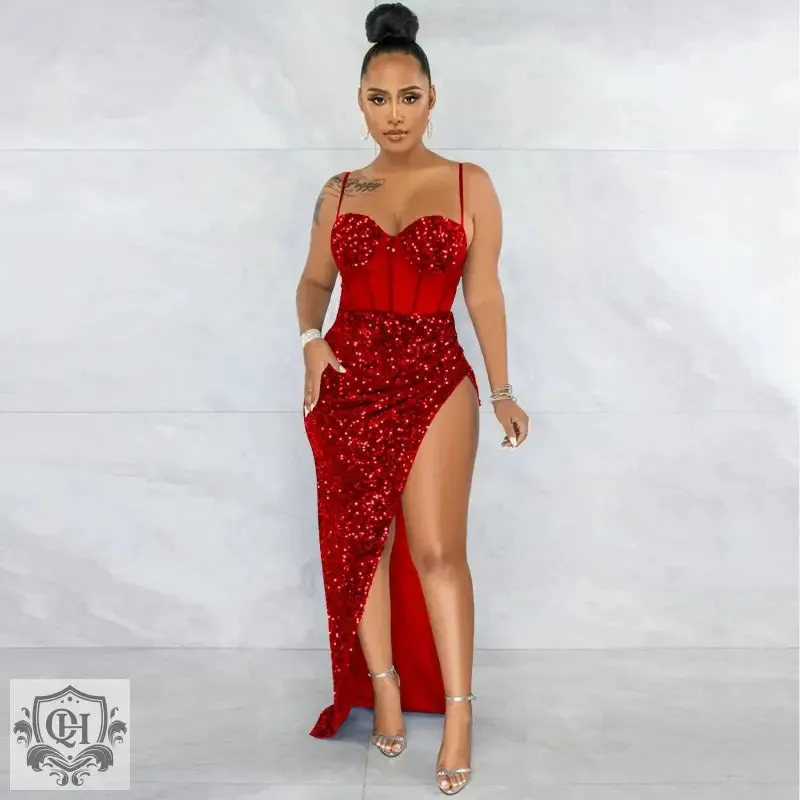 Sequin Mesh Irregular Asymmetric Slit Dress