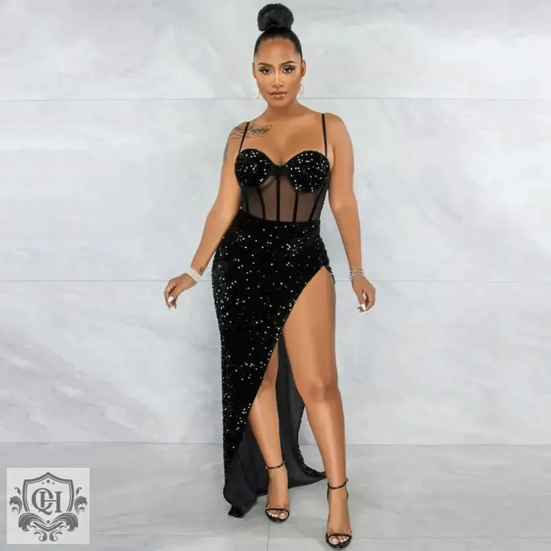 Sequin Mesh Irregular Asymmetric Slit Dress