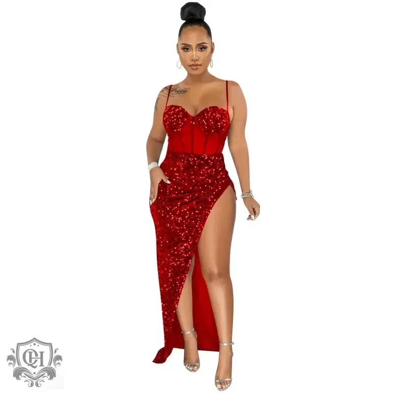 Sequin Mesh Irregular Asymmetric Slit Dress