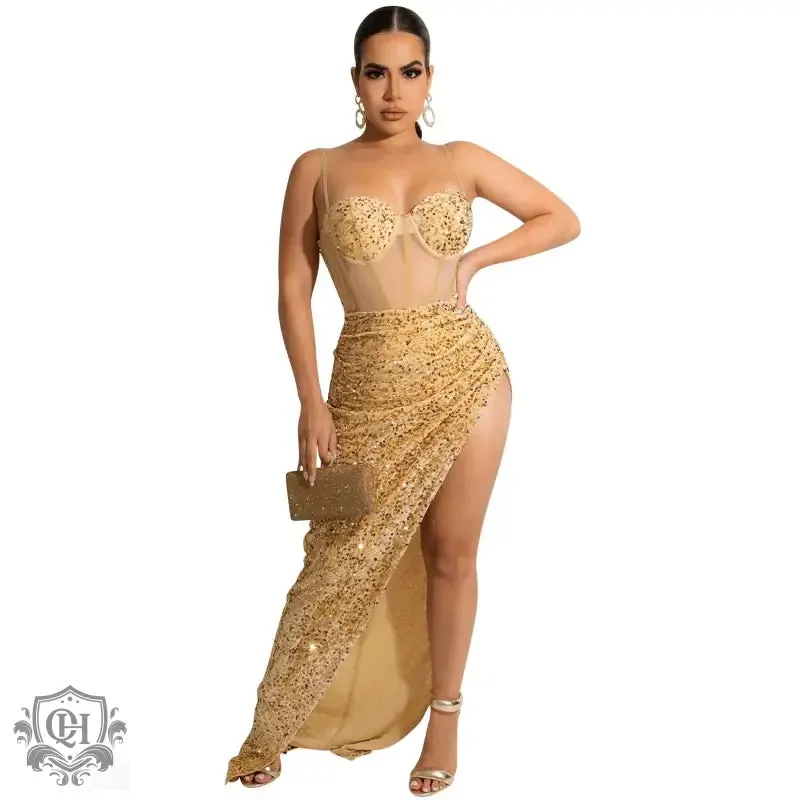 Sequin Mesh Irregular Asymmetric Slit Dress