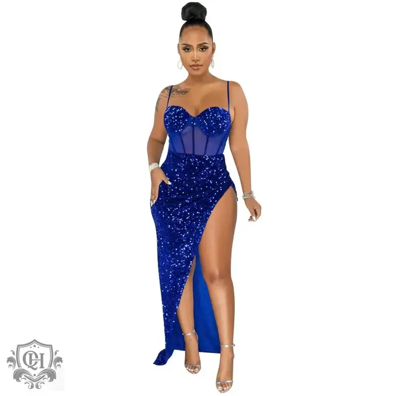 Sequin Mesh Irregular Asymmetric Slit Dress