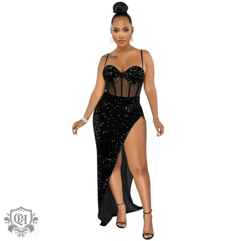 Sequin Mesh Irregular Asymmetric Slit Dress