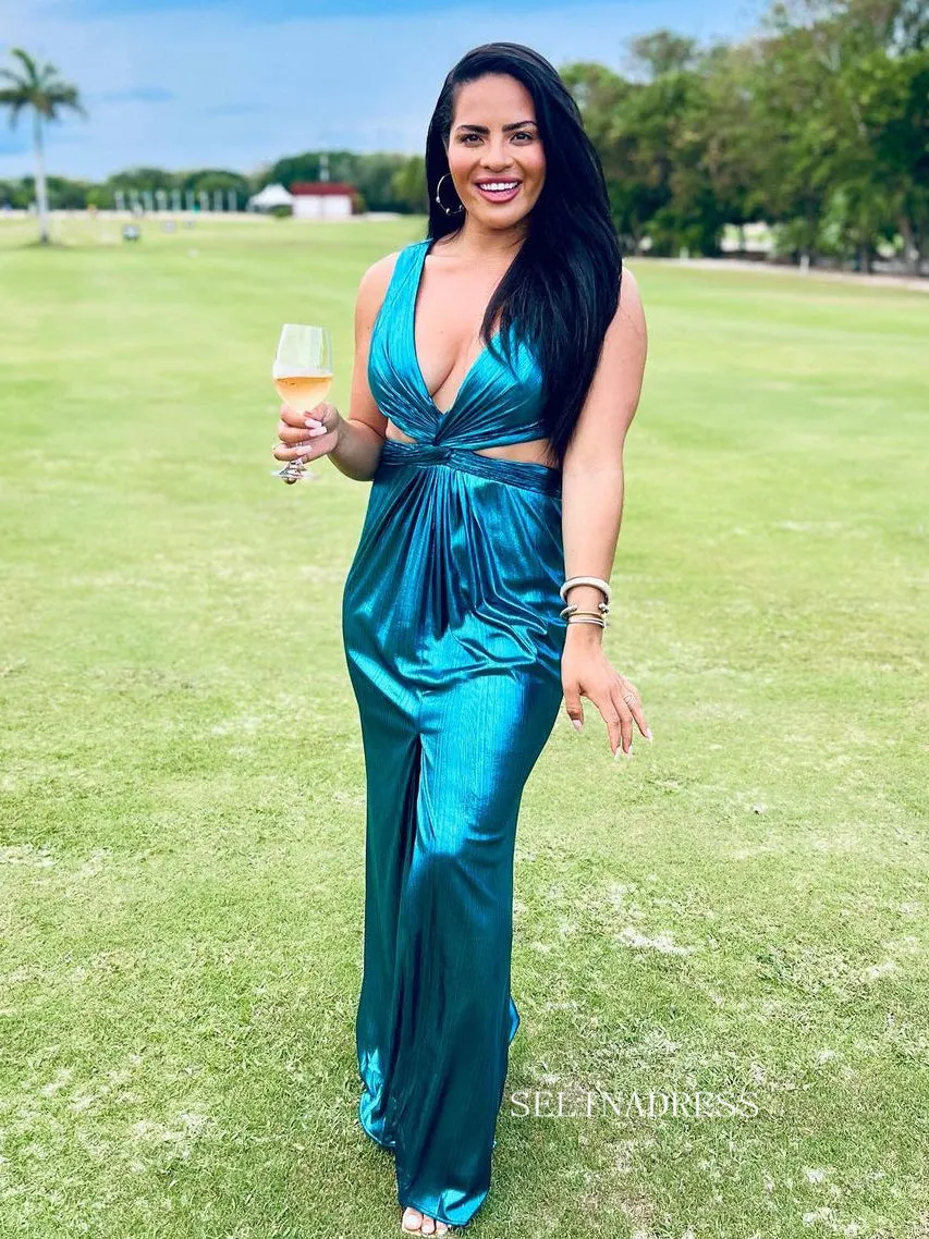 Sheath/Column V neck Simple Blue Prom Gown With Slit lpk934
