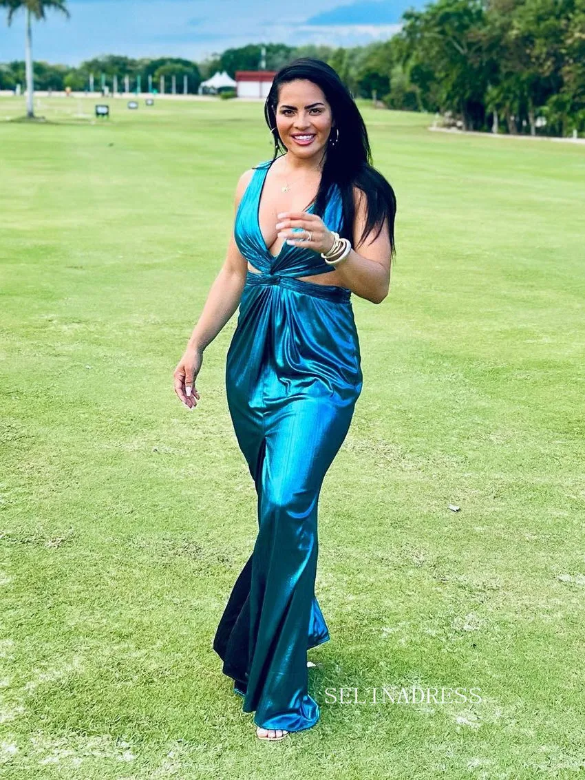Sheath/Column V neck Simple Blue Prom Gown With Slit lpk934