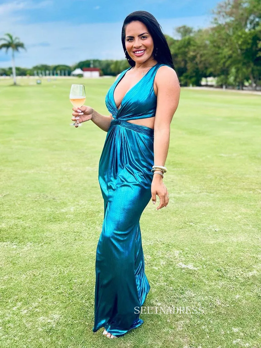 Sheath/Column V neck Simple Blue Prom Gown With Slit lpk934
