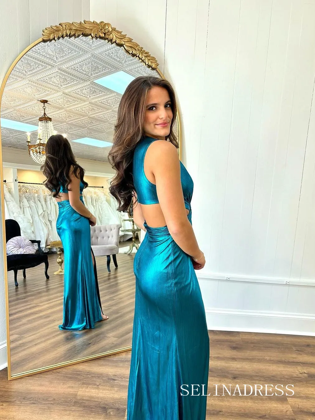 Sheath/Column V neck Simple Blue Prom Gown With Slit lpk934