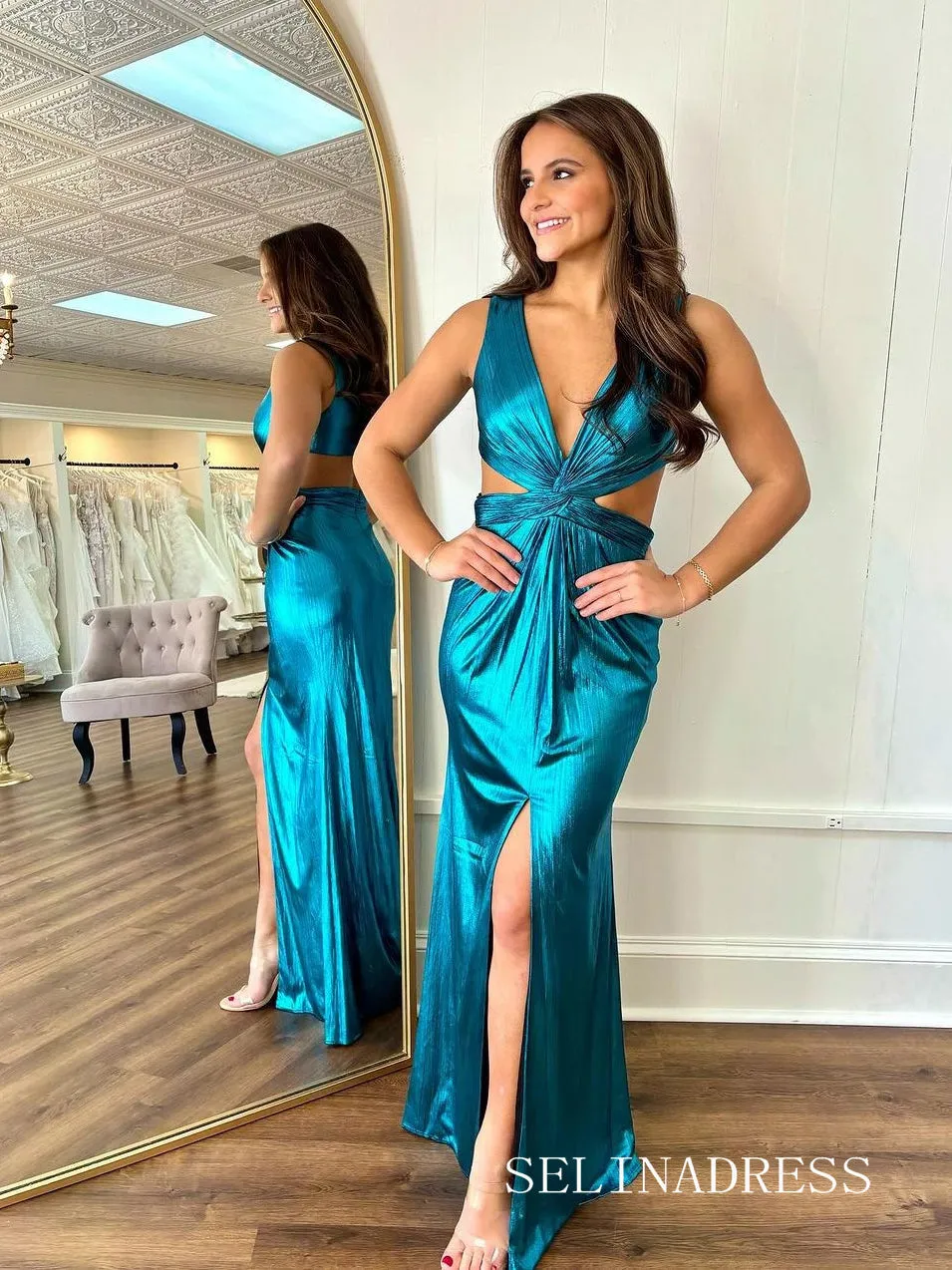 Sheath/Column V neck Simple Blue Prom Gown With Slit lpk934