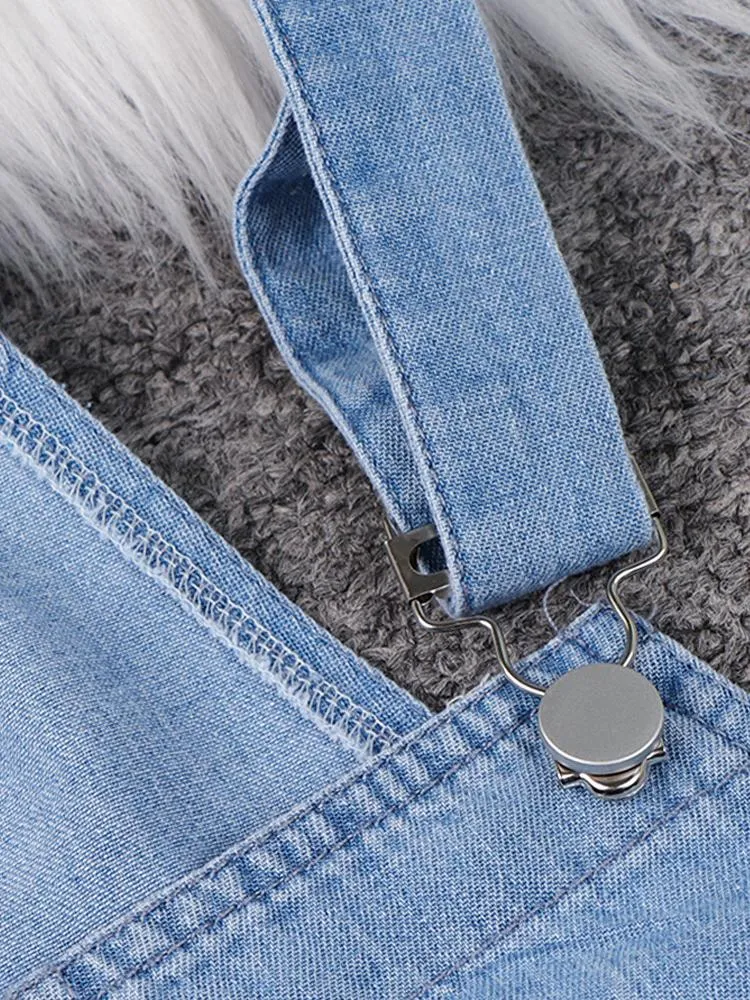 Simple Casual Drawstring Pocket Denim Jumpsuit for Women