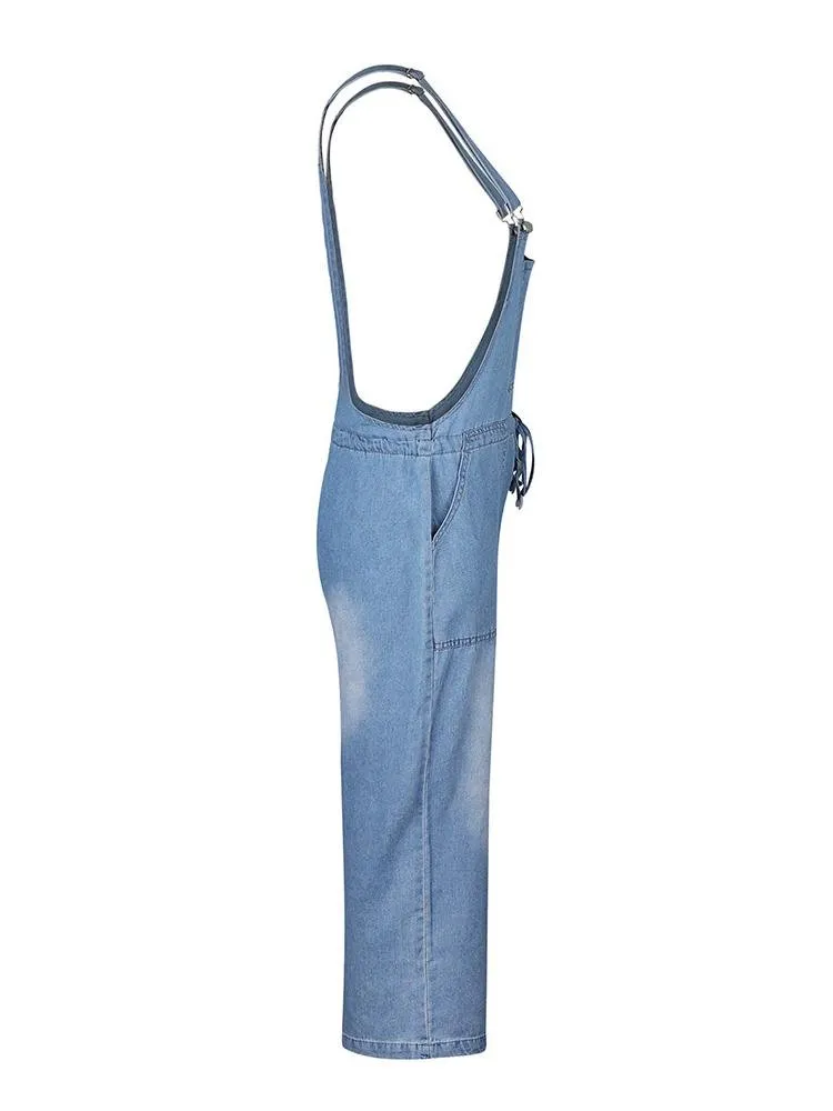 Simple Casual Drawstring Pocket Denim Jumpsuit for Women