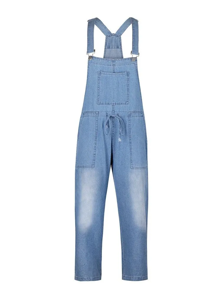 Simple Casual Drawstring Pocket Denim Jumpsuit for Women