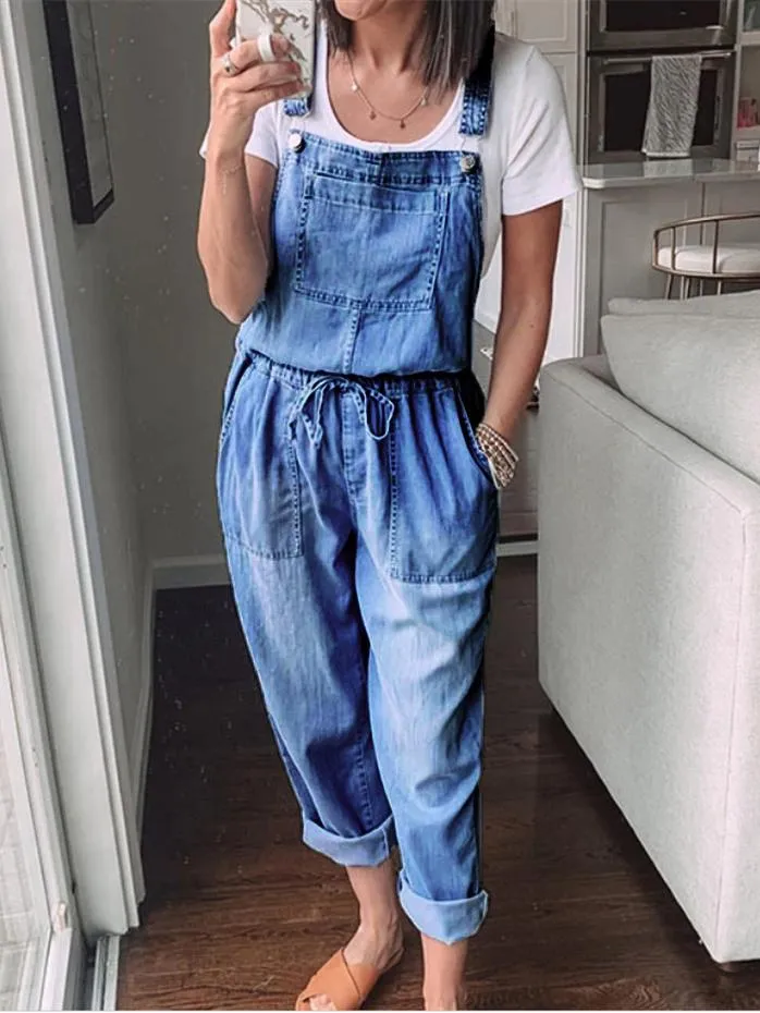 Simple Casual Drawstring Pocket Denim Jumpsuit for Women