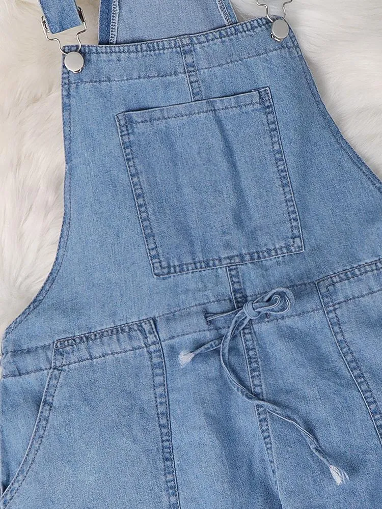 Simple Casual Drawstring Pocket Denim Jumpsuit for Women