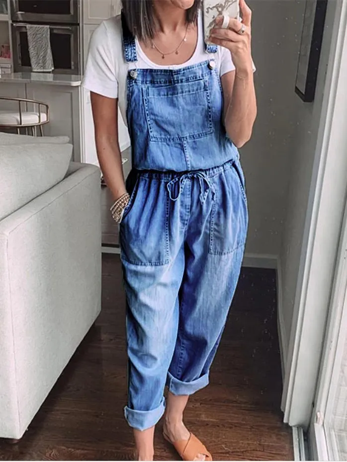 Simple Casual Drawstring Pocket Denim Jumpsuit for Women