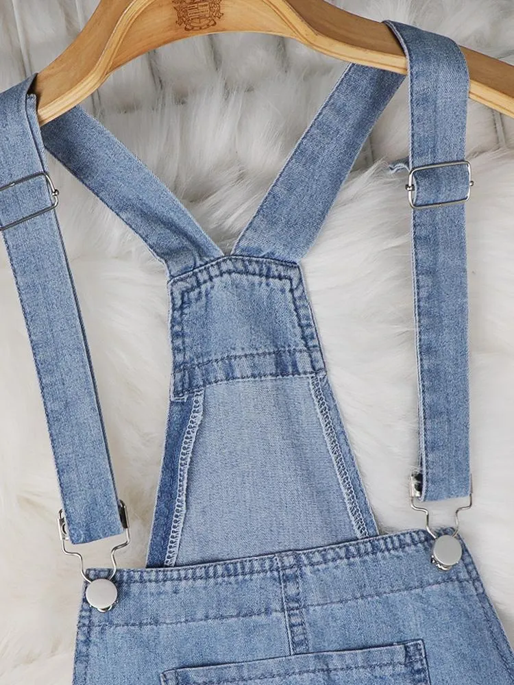 Simple Casual Drawstring Pocket Denim Jumpsuit for Women