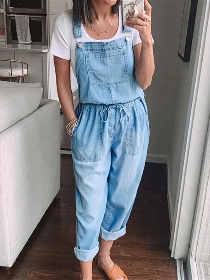 Simple Casual Drawstring Pocket Denim Jumpsuit for Women