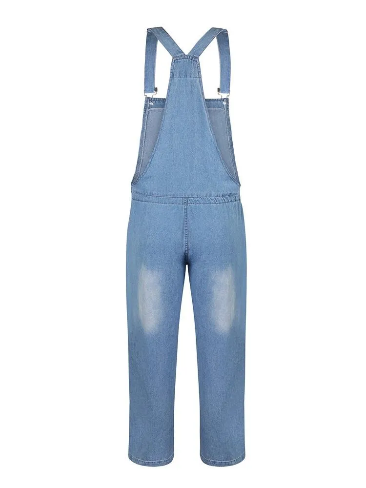 Simple Casual Drawstring Pocket Denim Jumpsuit for Women