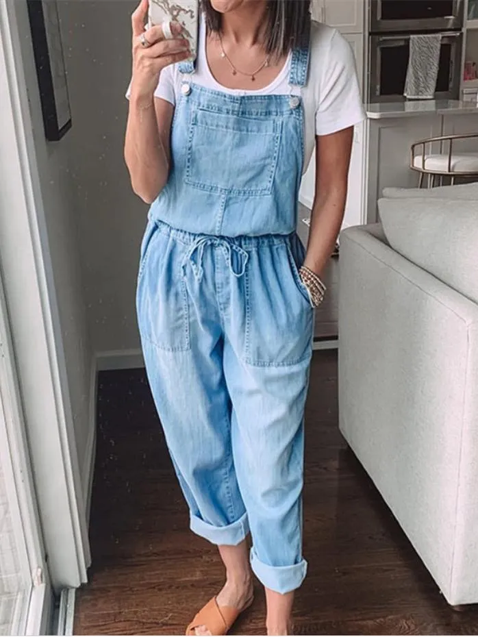 Simple Casual Drawstring Pocket Denim Jumpsuit for Women