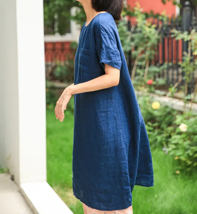 Simple Linen Dresses Summer Mid-length Women Dresses Short Sleeve 9023