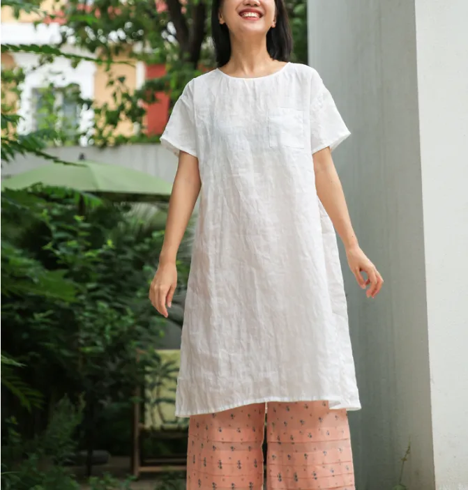 Simple Linen Dresses Summer Mid-length Women Dresses Short Sleeve 9023