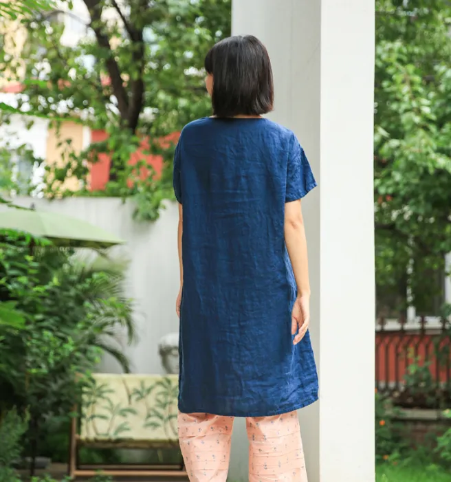 Simple Linen Dresses Summer Mid-length Women Dresses Short Sleeve 9023