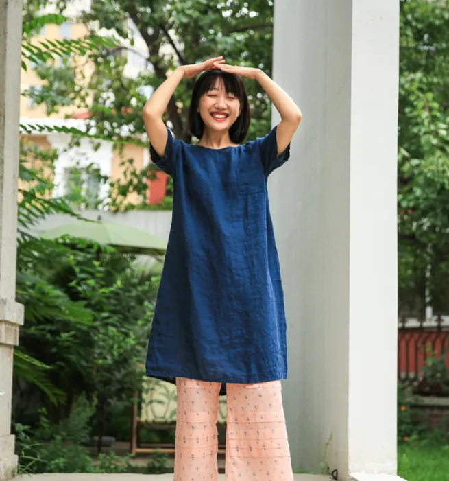 Simple Linen Dresses Summer Mid-length Women Dresses Short Sleeve 9023