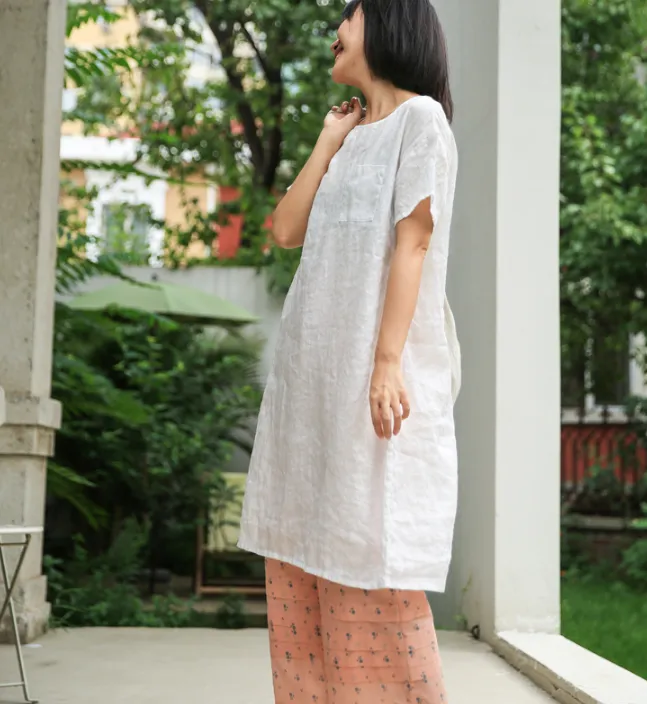 Simple Linen Dresses Summer Mid-length Women Dresses Short Sleeve 9023
