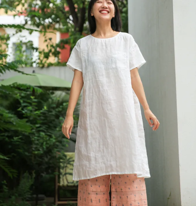 Simple Linen Dresses Summer Mid-length Women Dresses Short Sleeve 9023