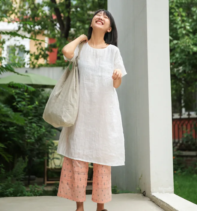 Simple Linen Dresses Summer Mid-length Women Dresses Short Sleeve 9023