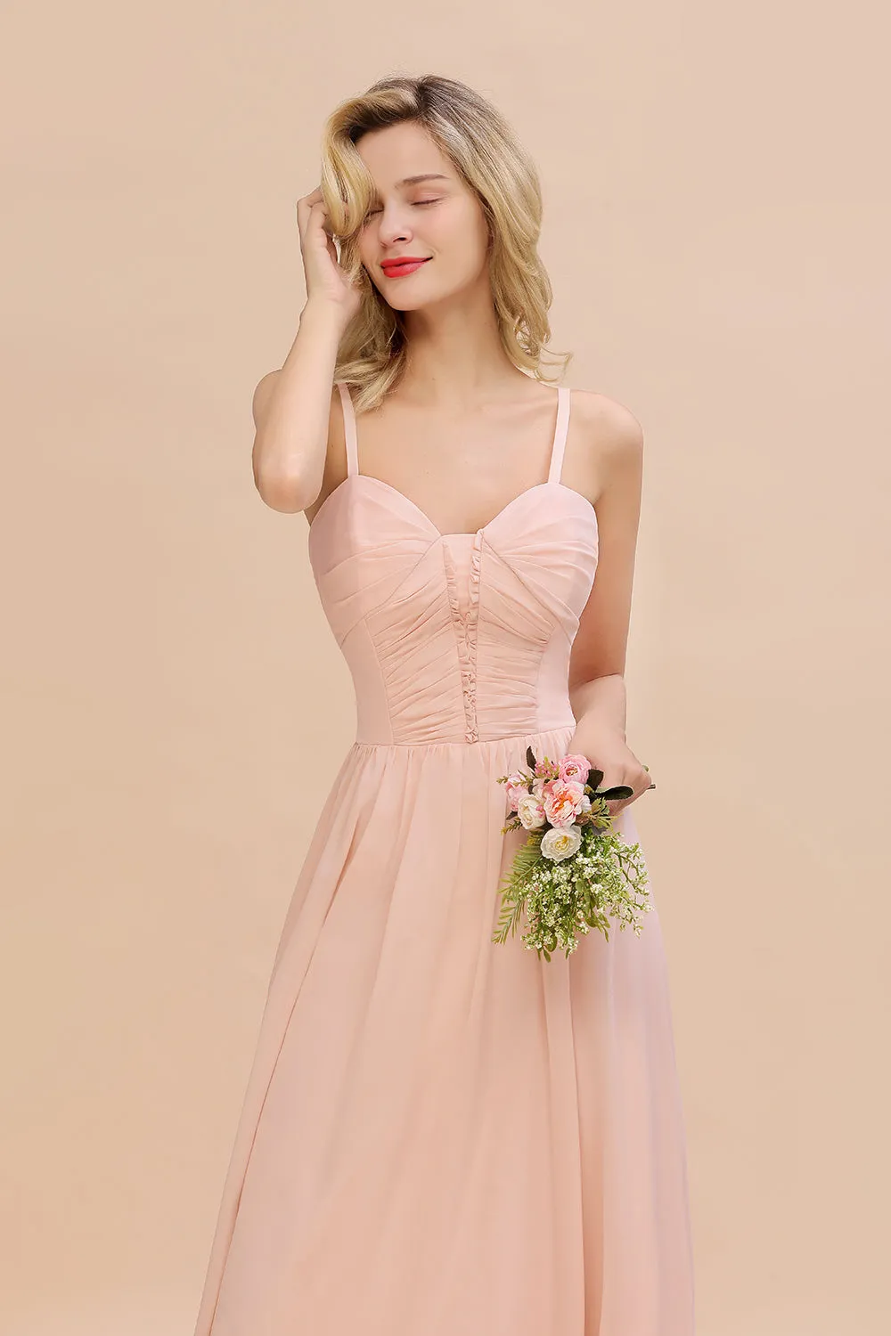 Simple Long Chiffon Spaghetti Straps Pink Bridesmaid Dress
