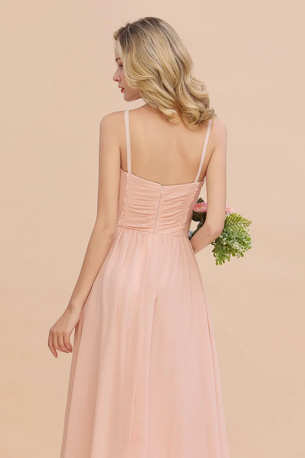 Simple Long Chiffon Spaghetti Straps Pink Bridesmaid Dress