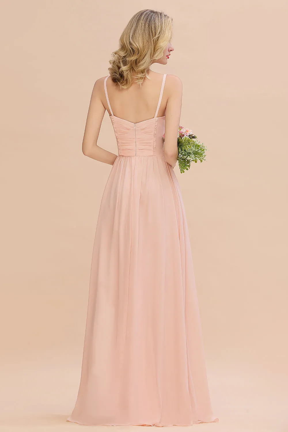 Simple Long Chiffon Spaghetti Straps Pink Bridesmaid Dress