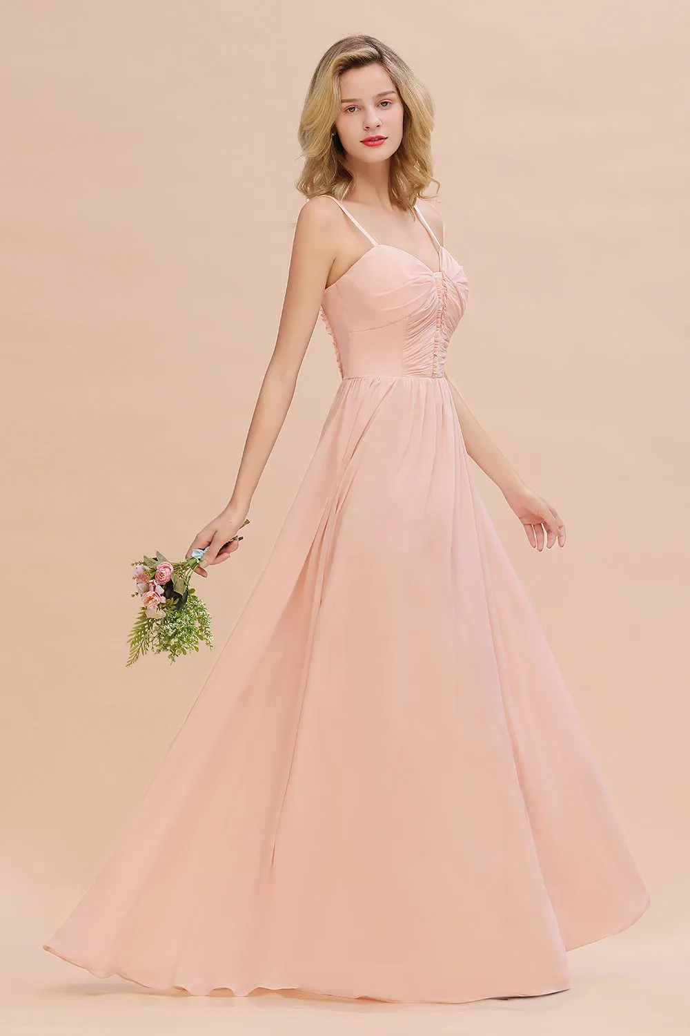 Simple Long Chiffon Spaghetti Straps Pink Bridesmaid Dress