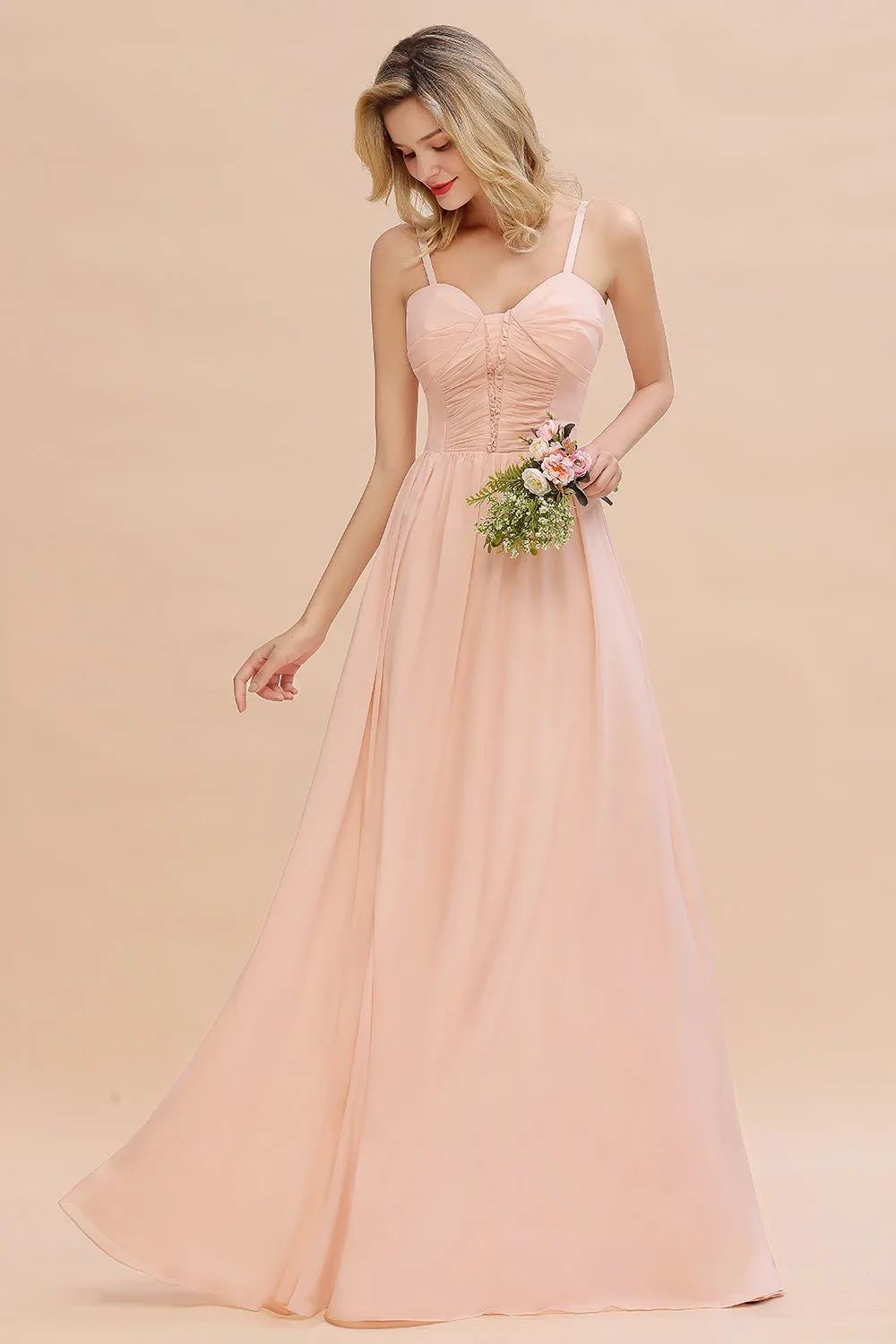 Simple Long Chiffon Spaghetti Straps Pink Bridesmaid Dress