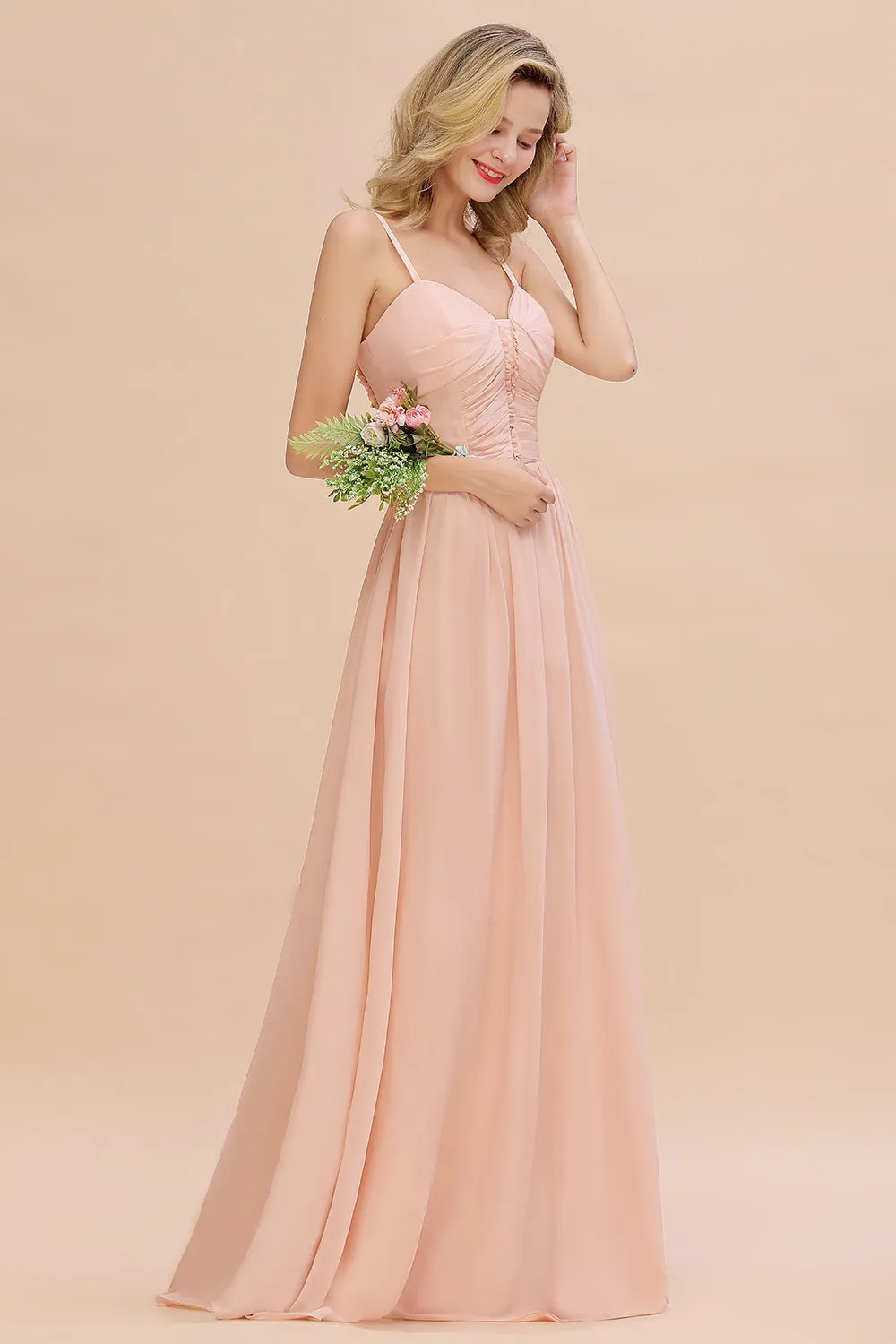 Simple Long Chiffon Spaghetti Straps Pink Bridesmaid Dress