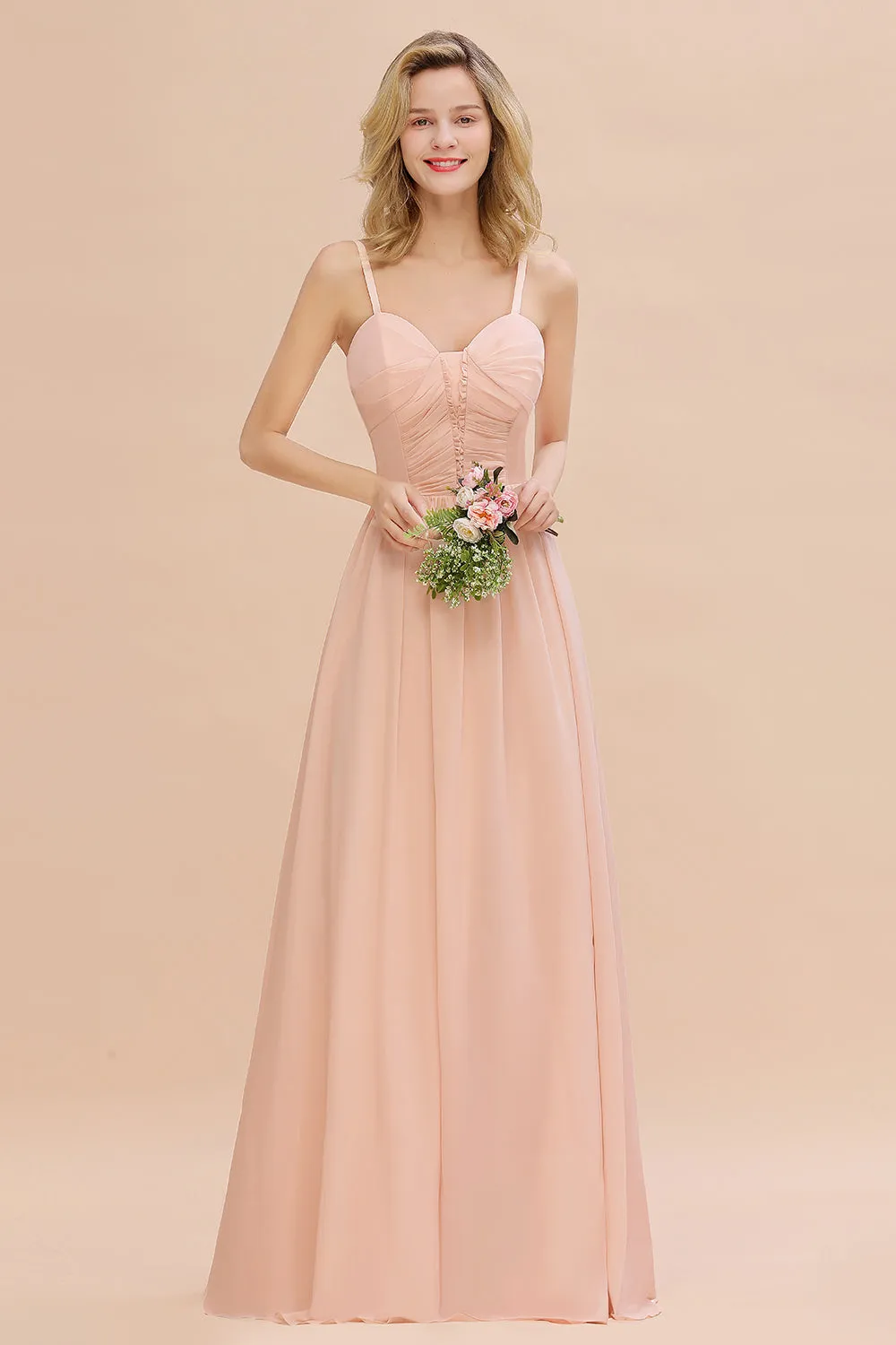 Simple Long Chiffon Spaghetti Straps Pink Bridesmaid Dress