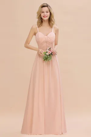 Simple Long Chiffon Spaghetti Straps Pink Bridesmaid Dress