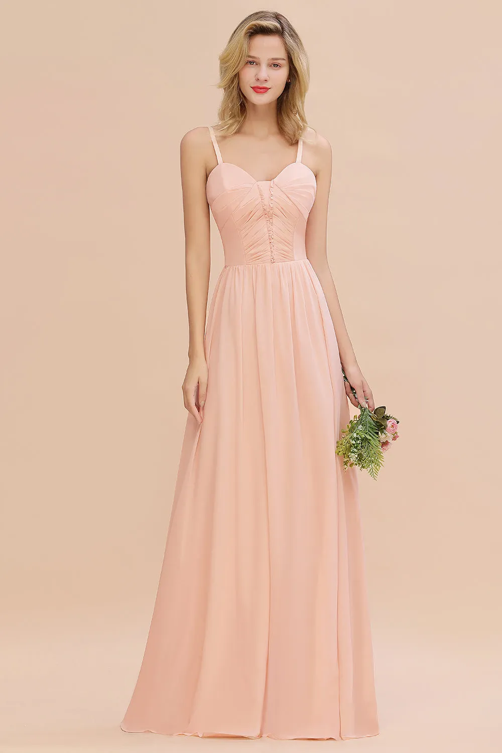 Simple Long Chiffon Spaghetti Straps Pink Bridesmaid Dress