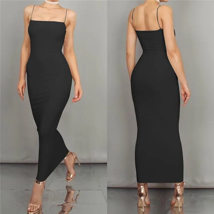 Simple Sling Plain Bodycon Long Dress